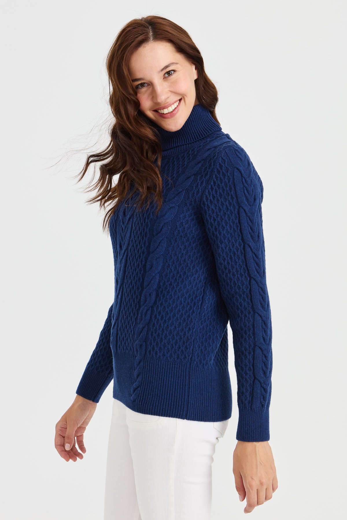 23035Kadın Tam Balıkçı Yaka Saç Örgü Yün Kazak İndigo