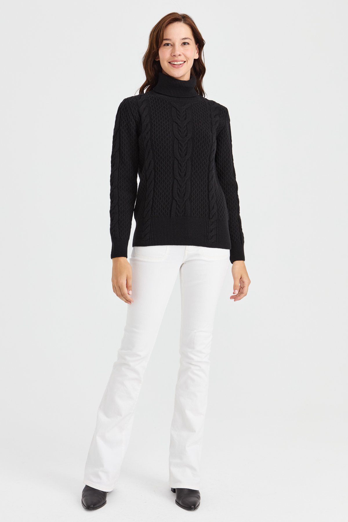 23035Kadın Tam Balıkçı Yaka Saç Örgü Yün Kazak Siyah