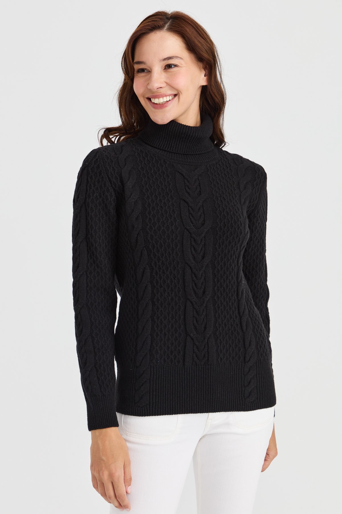 23035Kadın Tam Balıkçı Yaka Saç Örgü Yün Kazak Siyah