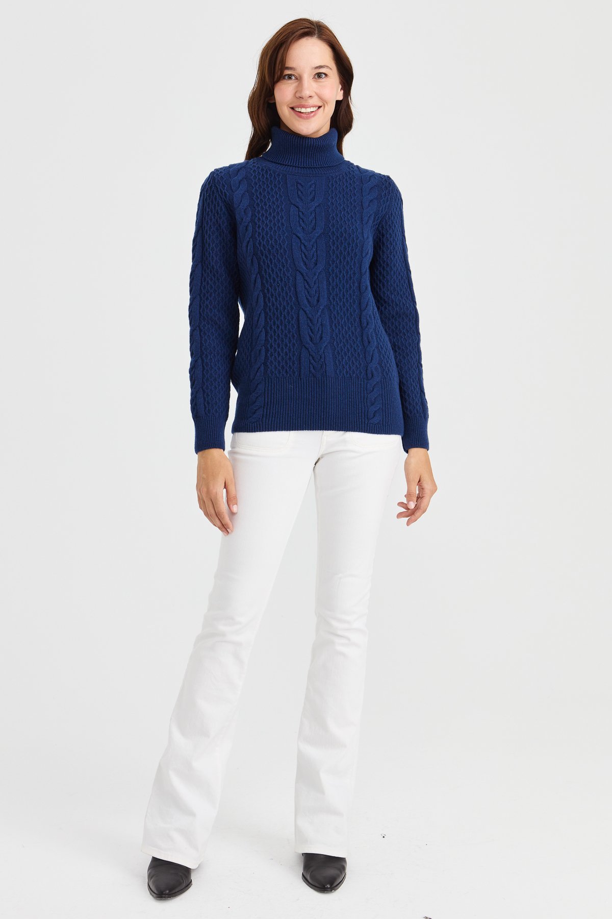 23035Kadın Tam Balıkçı Yaka Saç Örgü Yün Kazak İndigo