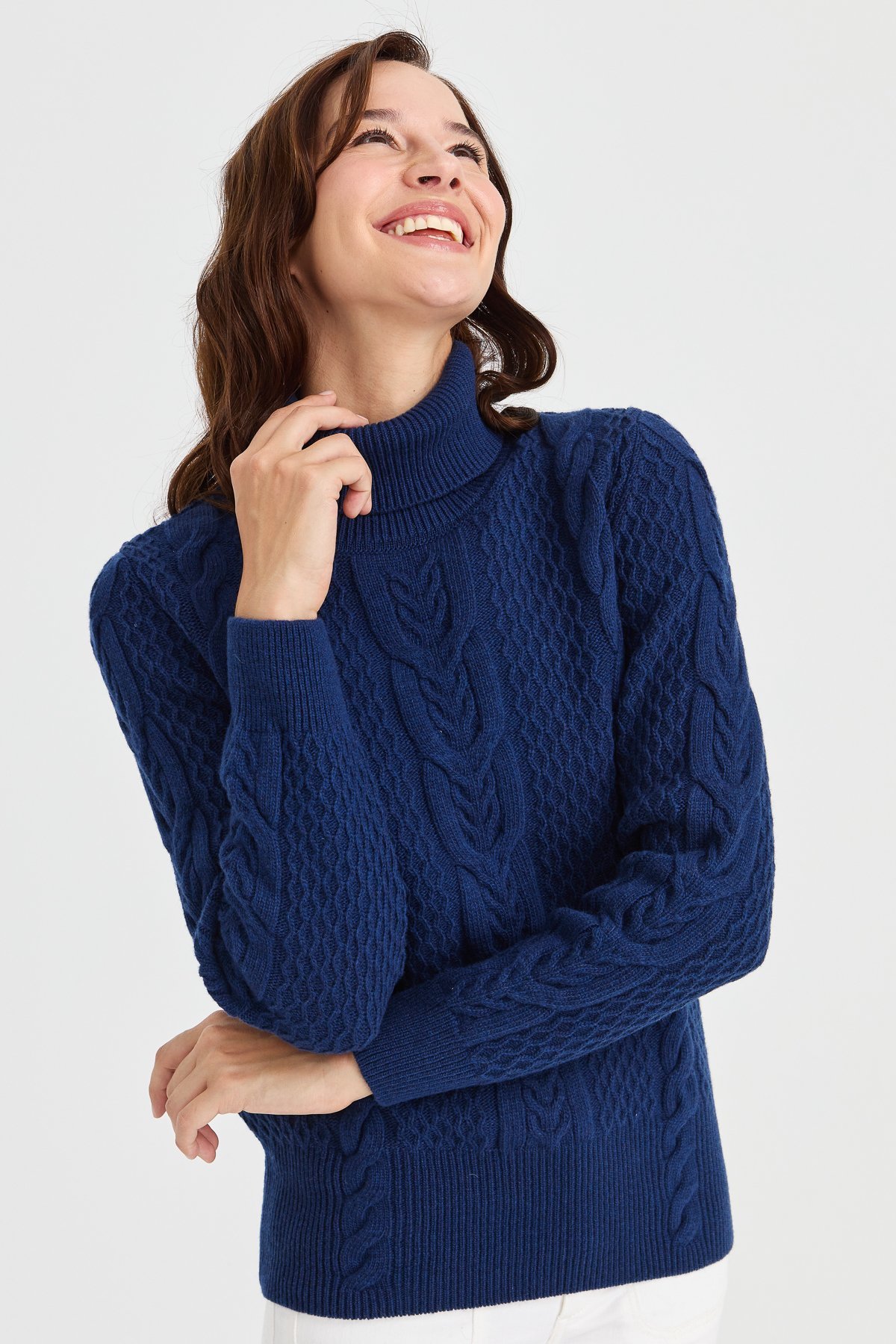 23035Kadın Tam Balıkçı Yaka Saç Örgü Yün Kazak İndigo