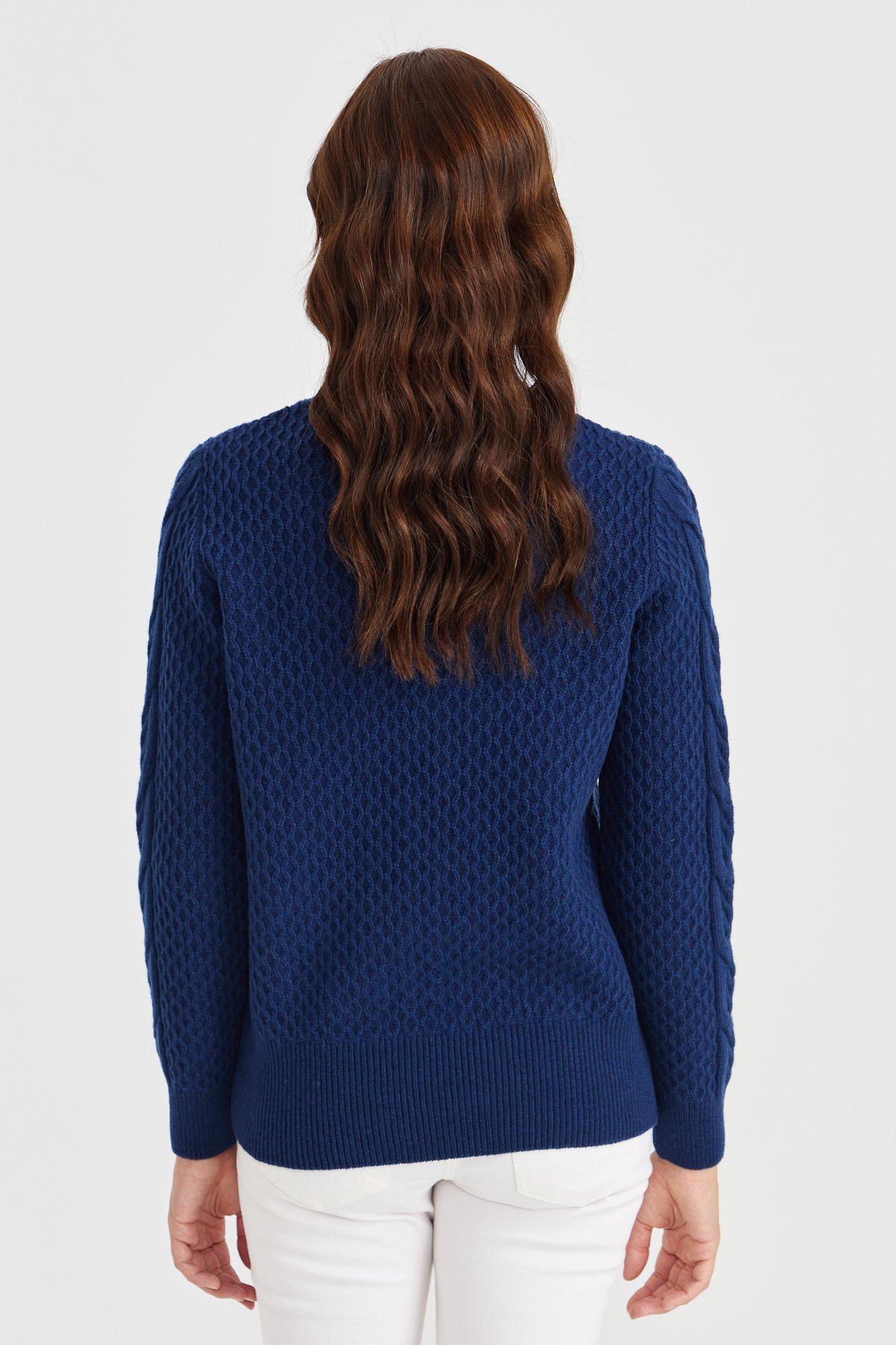 23035Kadın Tam Balıkçı Yaka Saç Örgü Yün Kazak İndigo