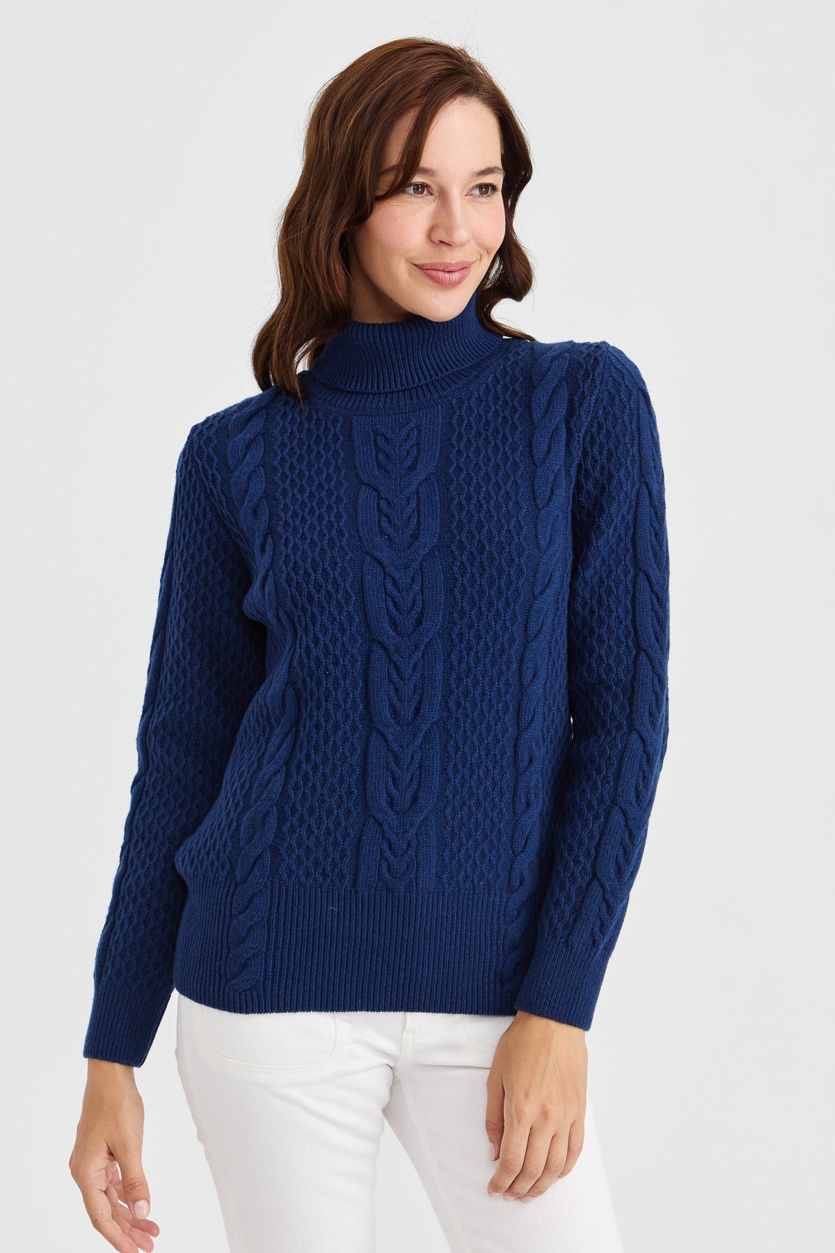23035Kadın Tam Balıkçı Yaka Saç Örgü Yün Kazak İndigo