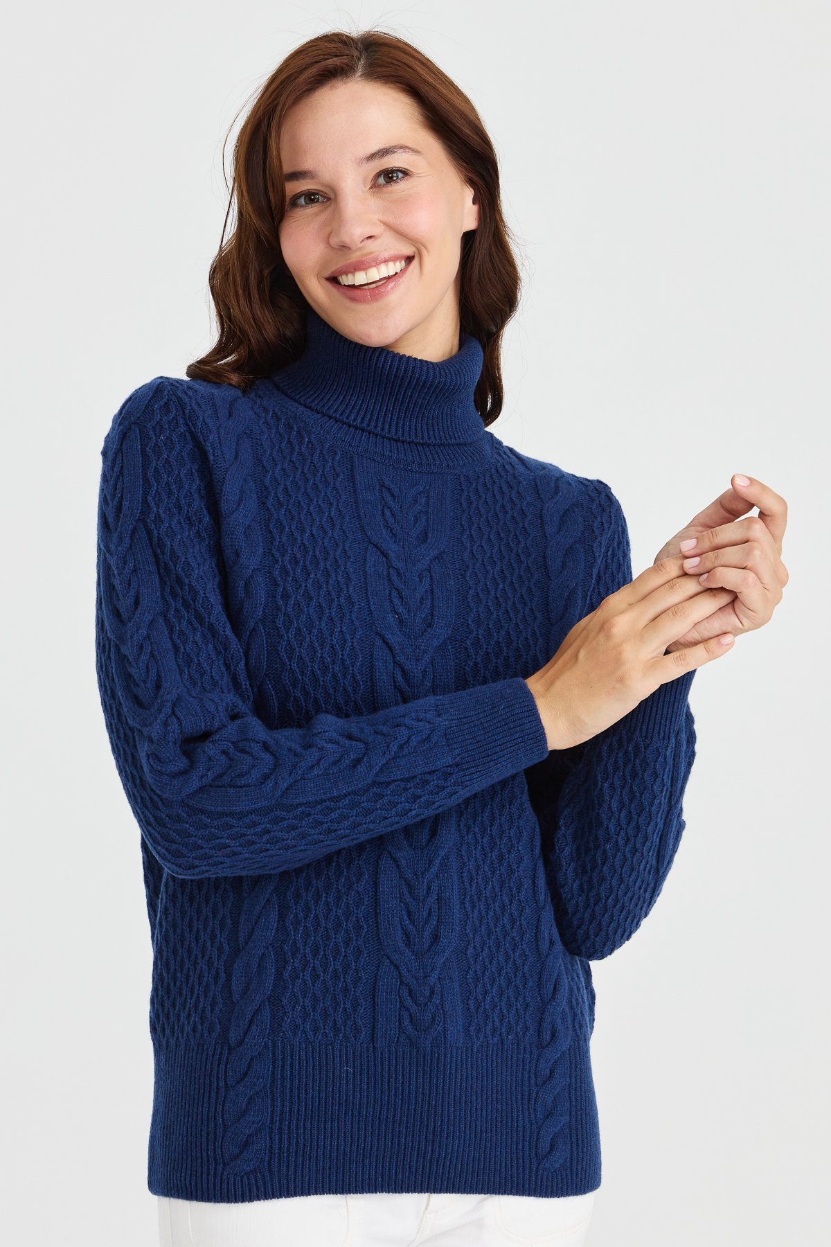 23035Kadın Tam Balıkçı Yaka Saç Örgü Yün Kazak İndigo