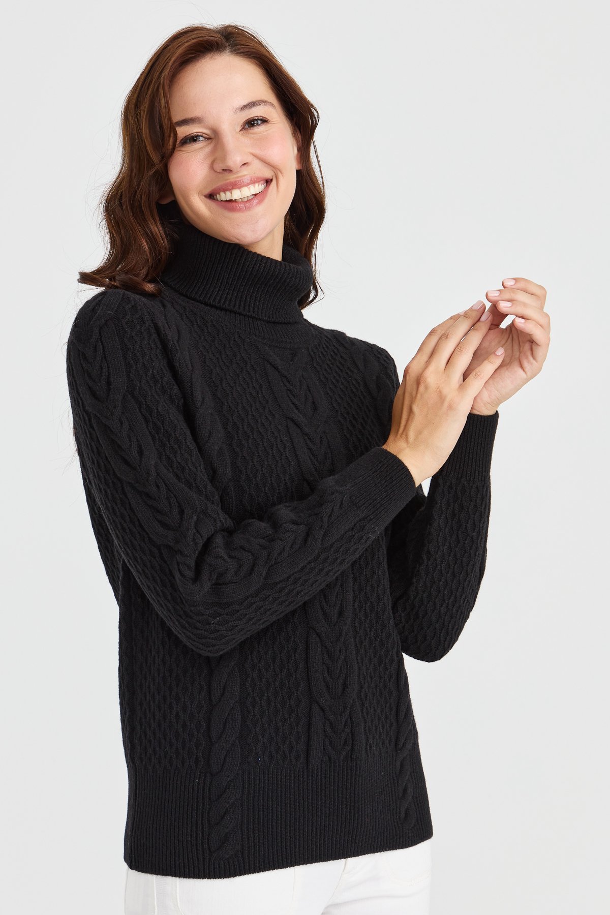 23035Kadın Tam Balıkçı Yaka Saç Örgü Yün Kazak Siyah