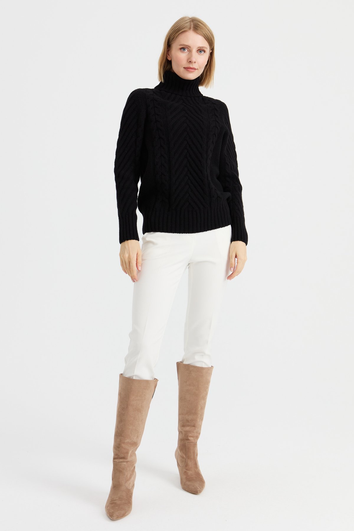 23200Women's Turtleneck Hair Extension Knitted Wool Sweater Black