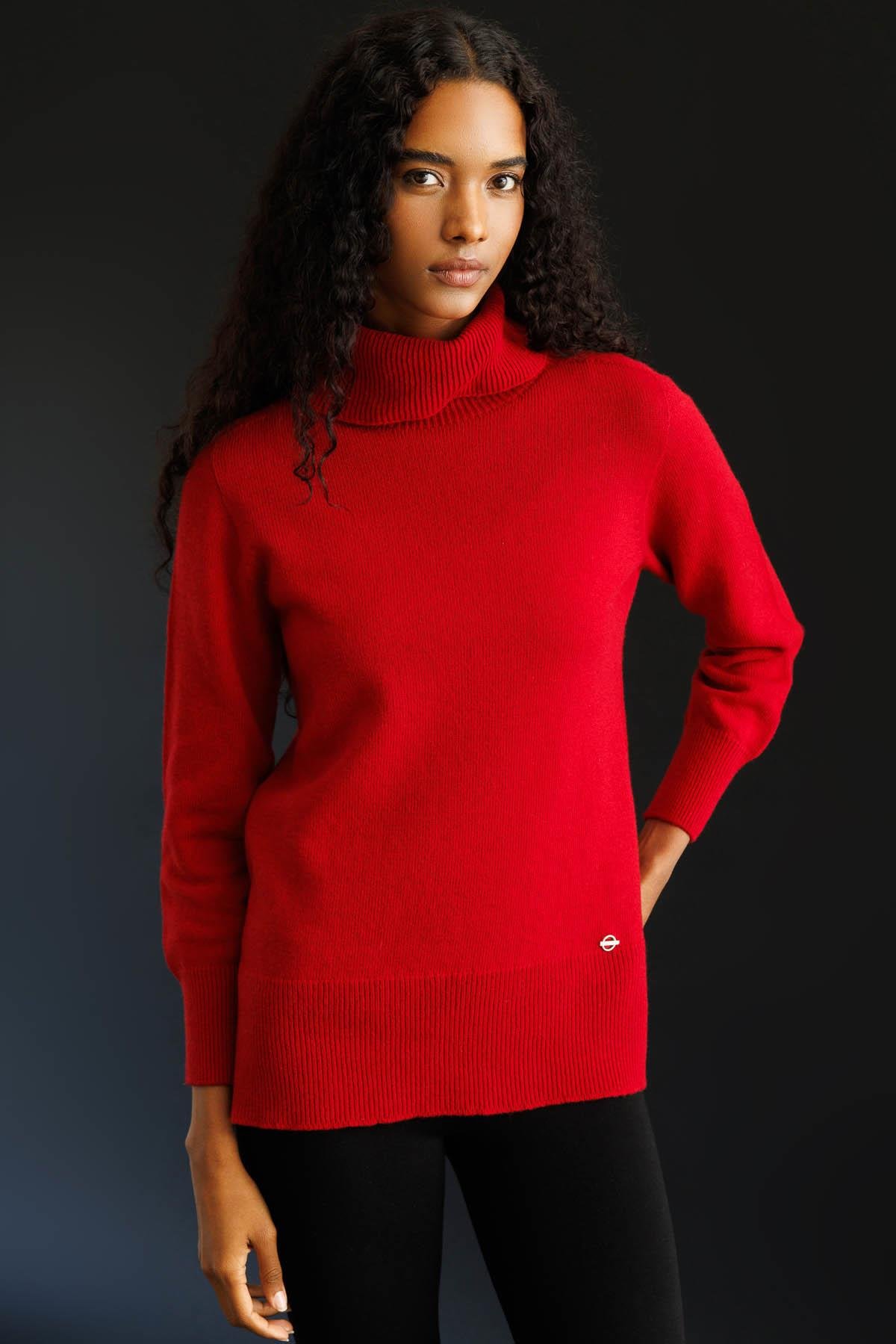 25215Kadın Tam Balıkçı Yaka Yanı Yırtmaçlı Yün Kazak K.Kırmızı