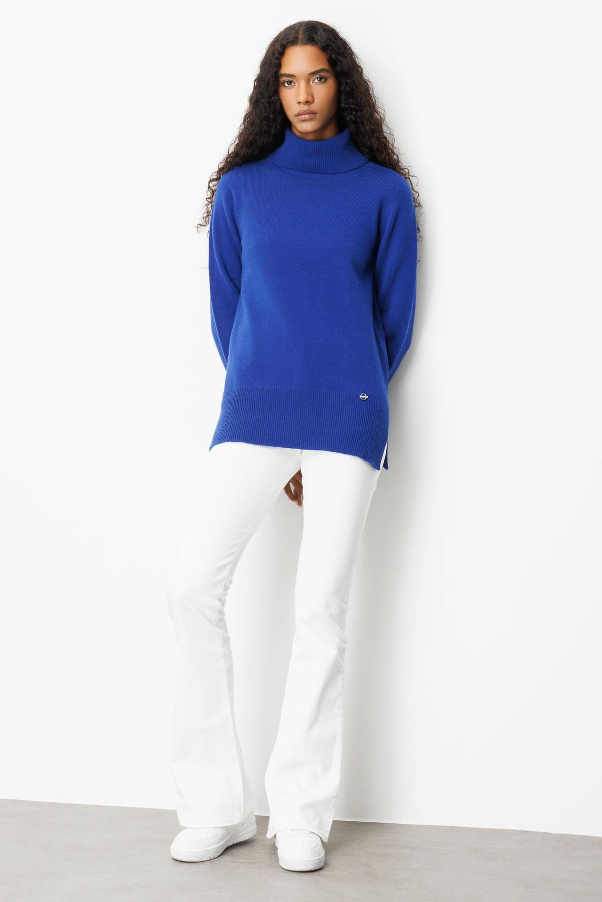 25215Kadın Tam Balıkçı Yaka Yanı Yırtmaçlı Yün Kazak K.Saks Mavi