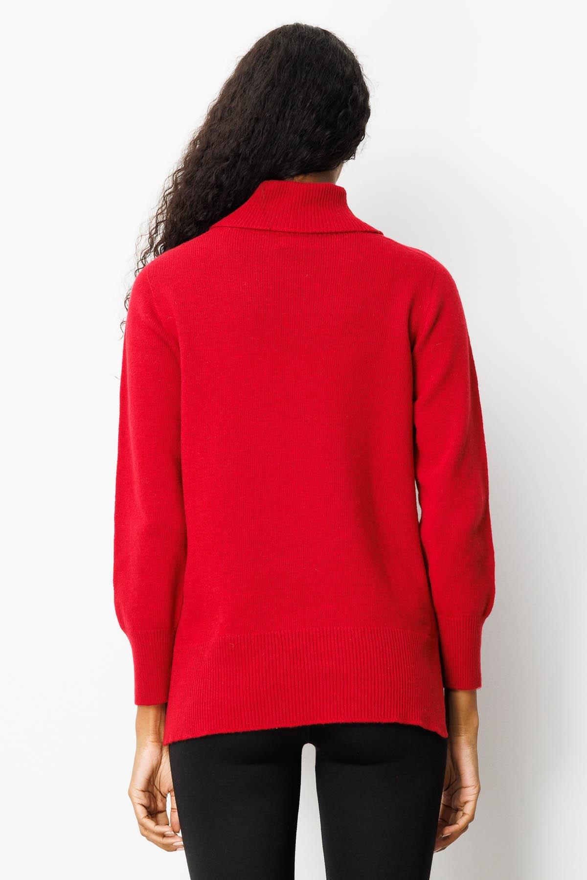 25215Kadın Tam Balıkçı Yaka Yanı Yırtmaçlı Yün Kazak K.Kırmızı