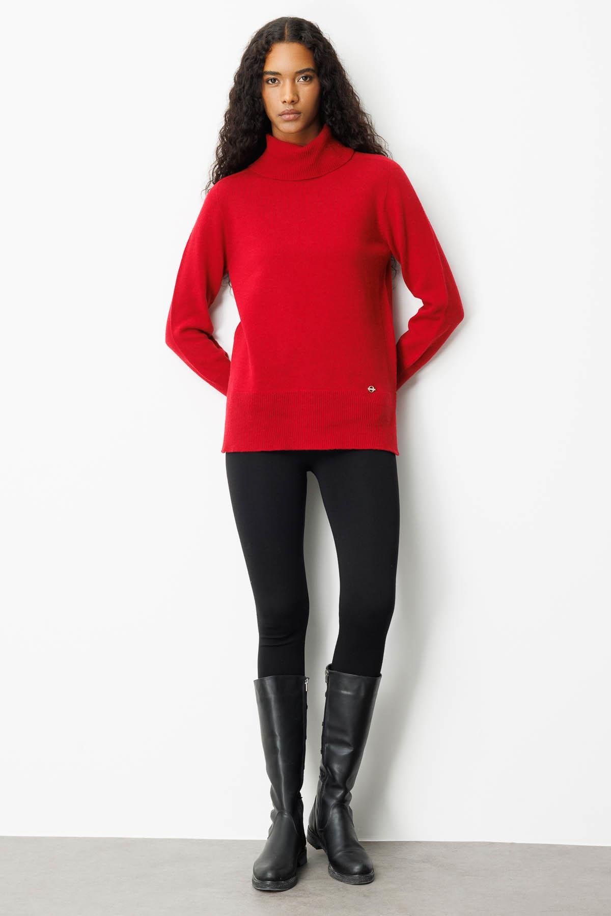 25215Kadın Tam Balıkçı Yaka Yanı Yırtmaçlı Yün Kazak K.Kırmızı