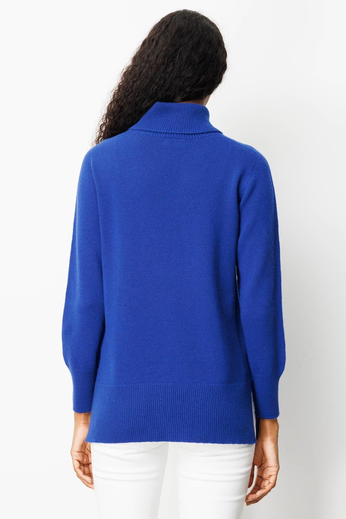 25215Kadın Tam Balıkçı Yaka Yanı Yırtmaçlı Yün Kazak K.Saks Mavi