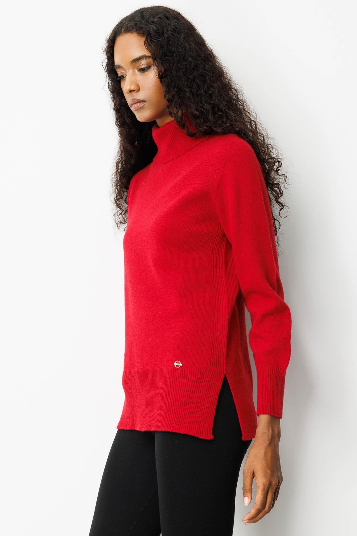 25215Kadın Tam Balıkçı Yaka Yanı Yırtmaçlı Yün Kazak K.Kırmızı