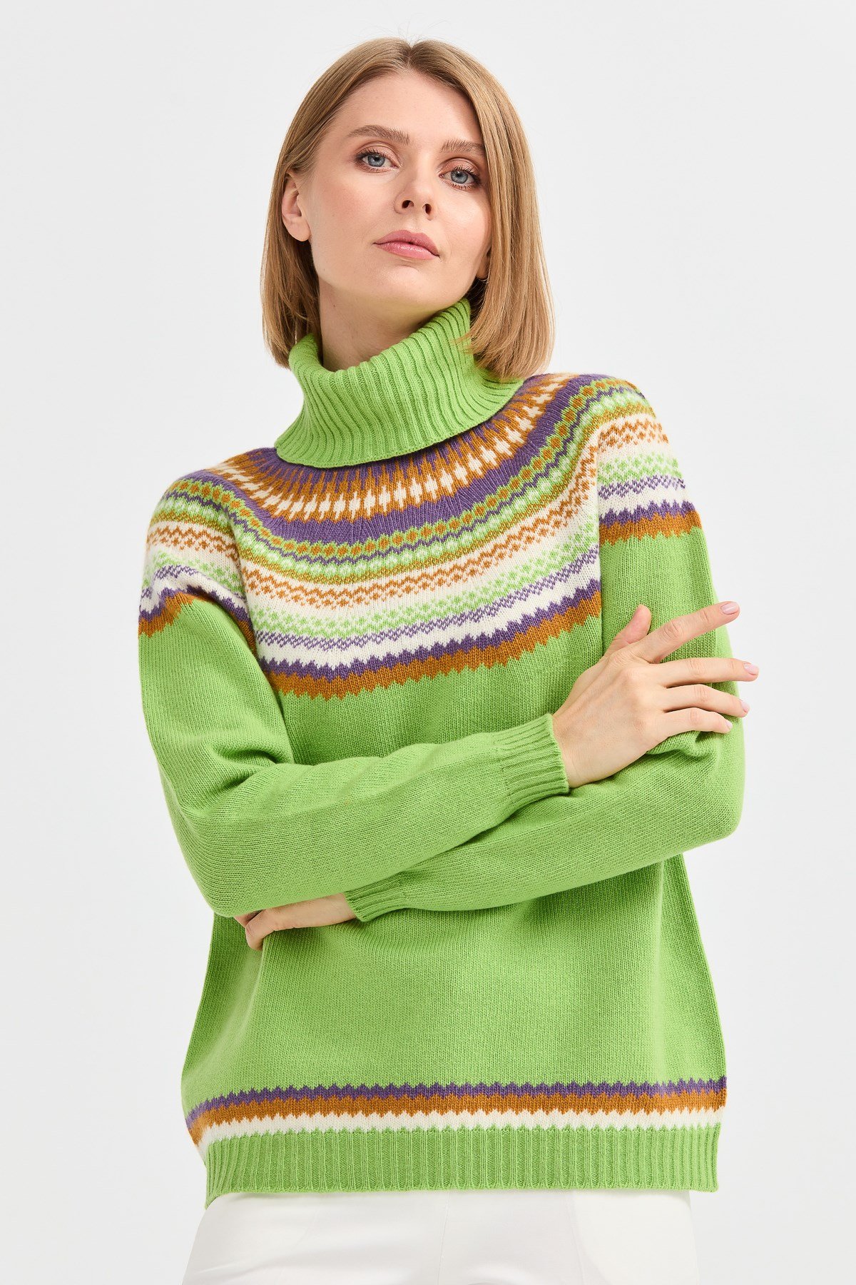 22087Kadın Tam Balıkçı Yaka Yün Kazak A.E.Yeşili