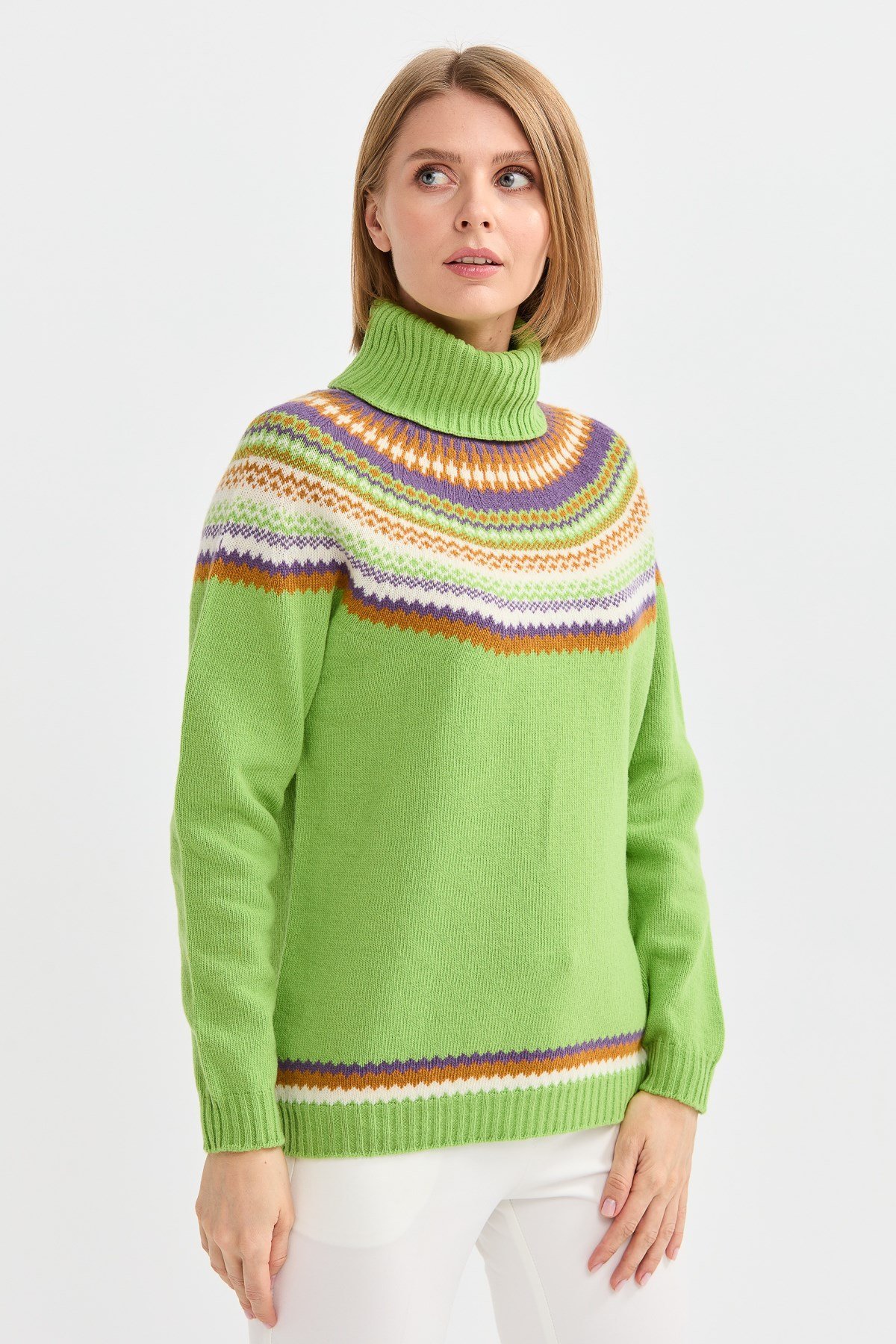 22087Kadın Tam Balıkçı Yaka Yün Kazak A.E.Yeşili