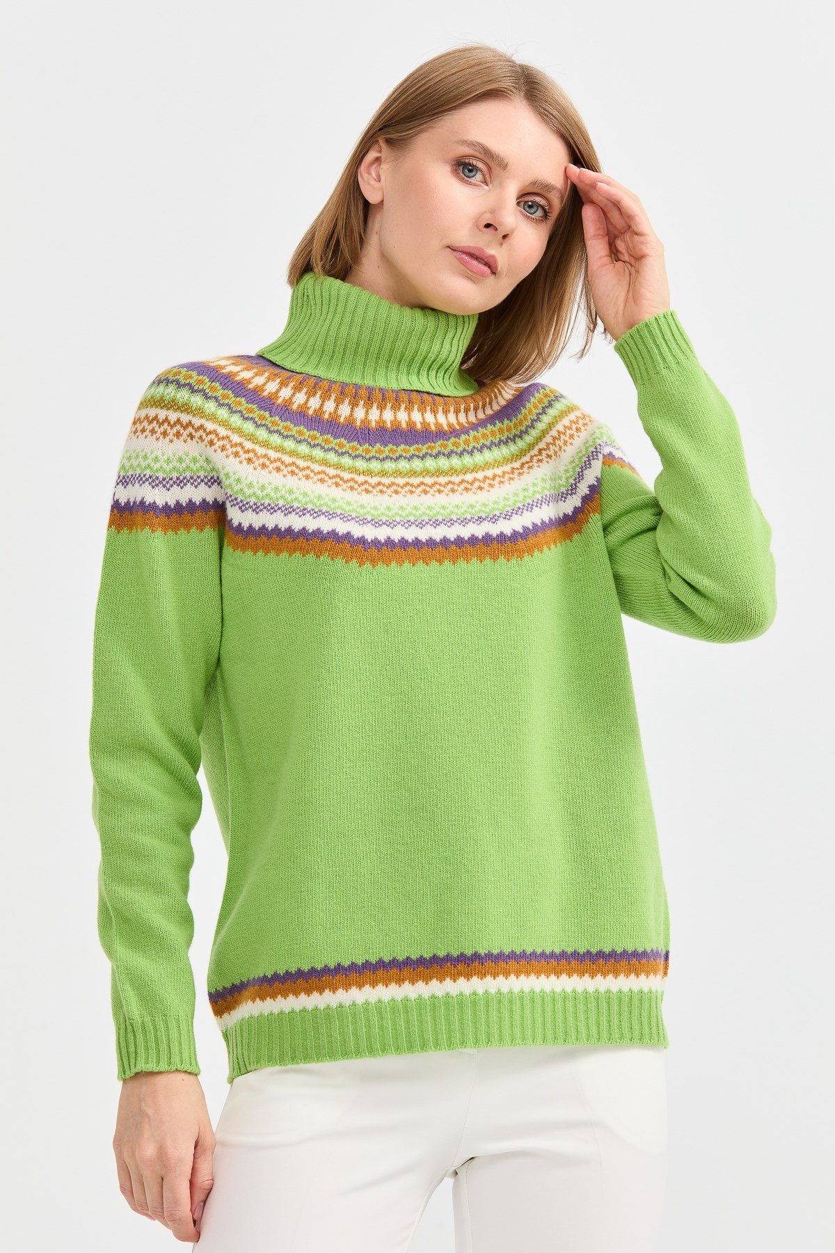 22087Kadın Tam Balıkçı Yaka Yün Kazak A.E.Yeşili