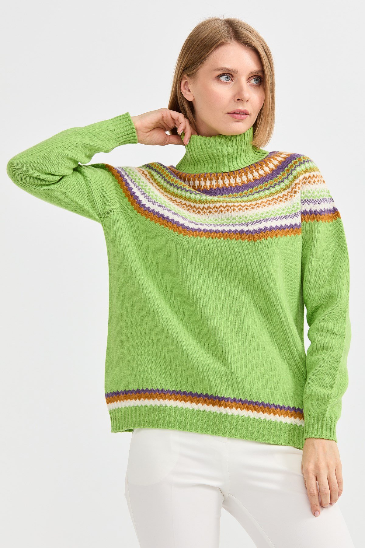 22087Kadın Tam Balıkçı Yaka Yün Kazak A.E.Yeşili