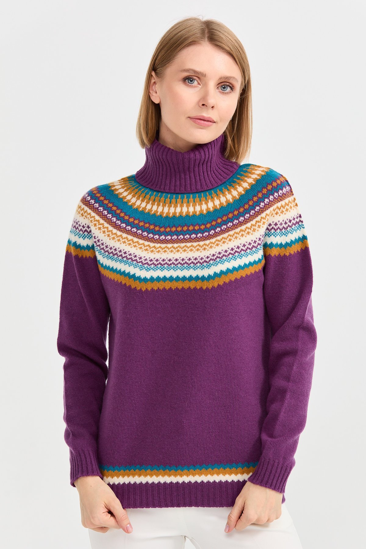 22087Kadın Tam Balıkçı Yaka Yün Kazak A.Mor