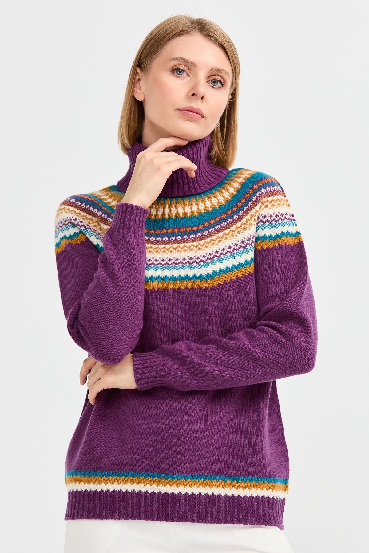 22087Kadın Tam Balıkçı Yaka Yün Kazak A.Mor