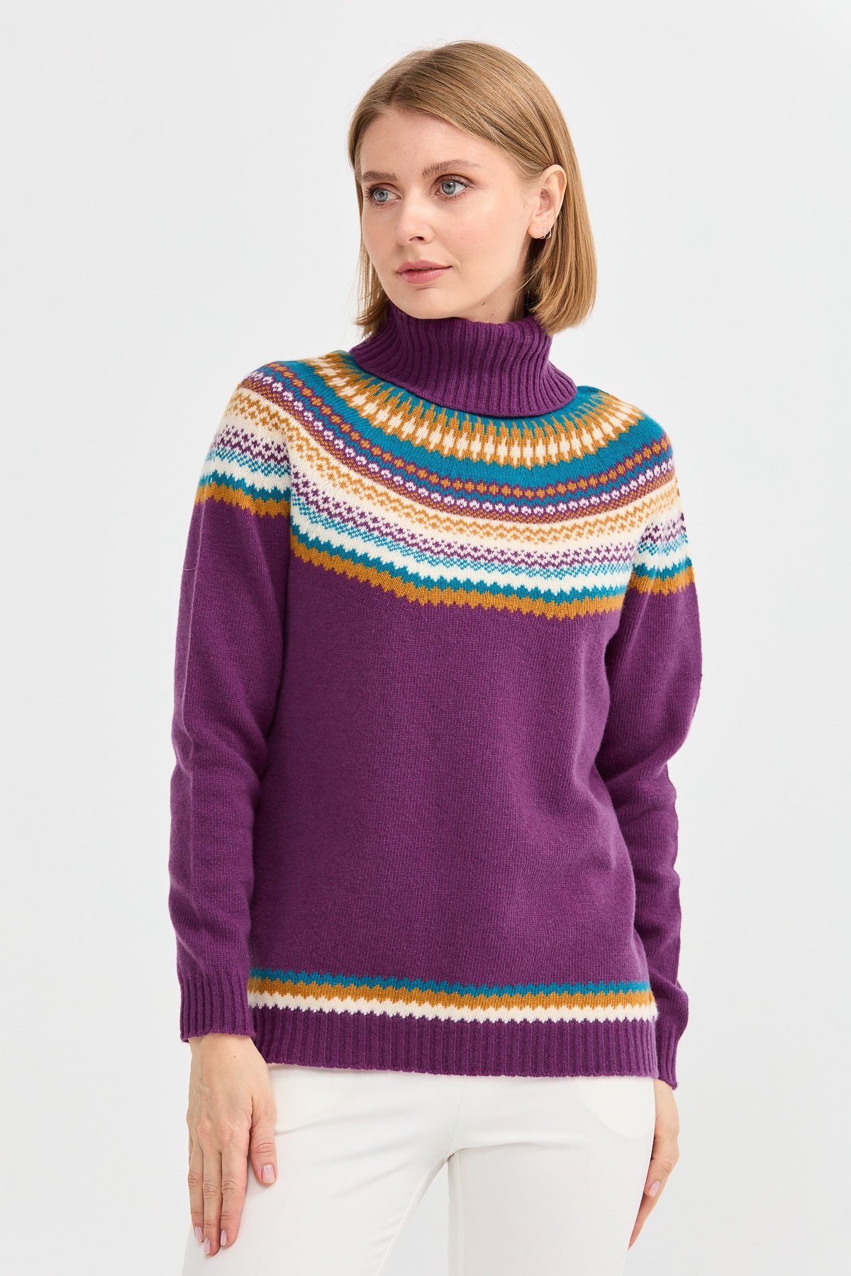 22087Kadın Tam Balıkçı Yaka Yün Kazak A.Mor