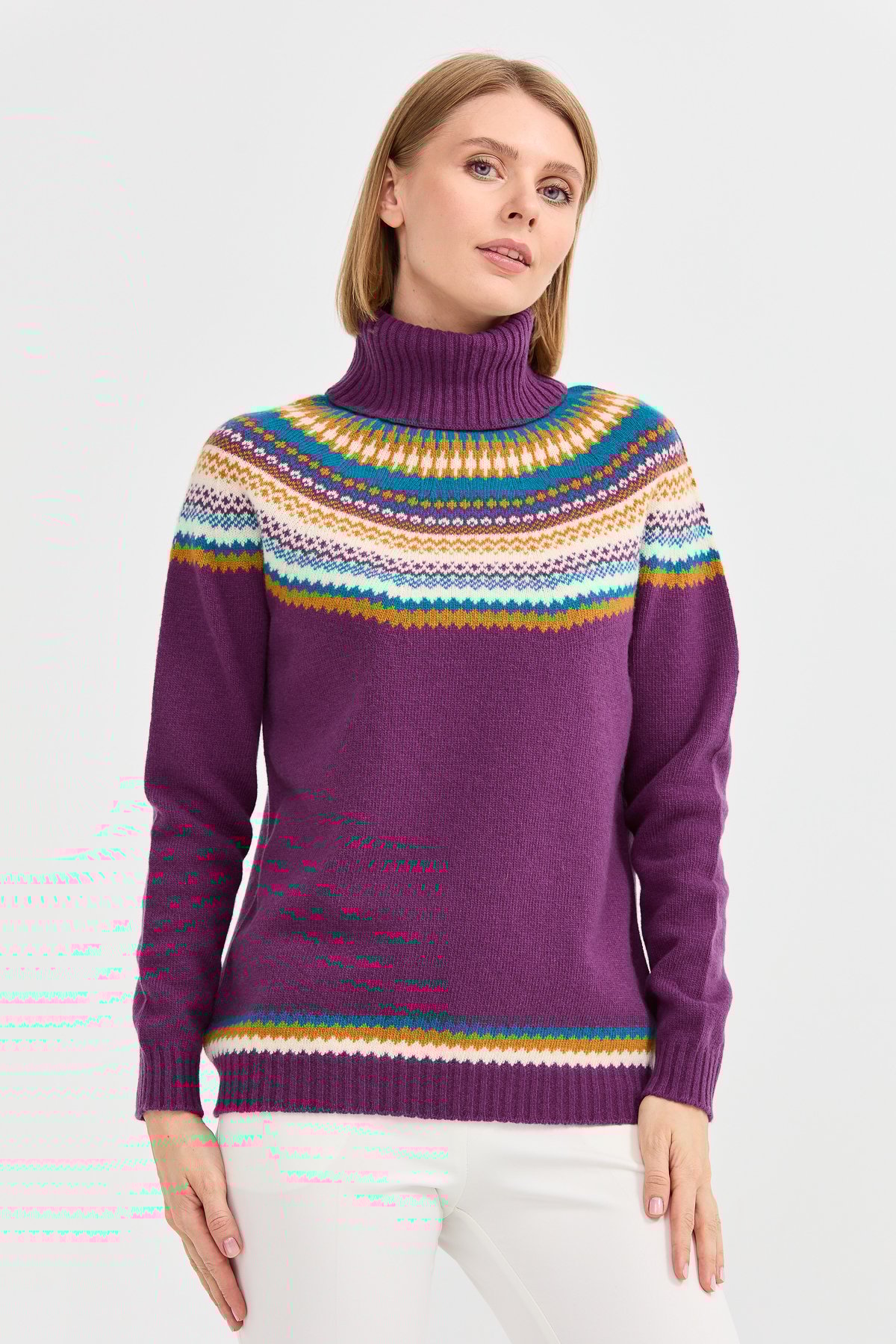 22087Kadın Tam Balıkçı Yaka Yün Kazak A.Mor