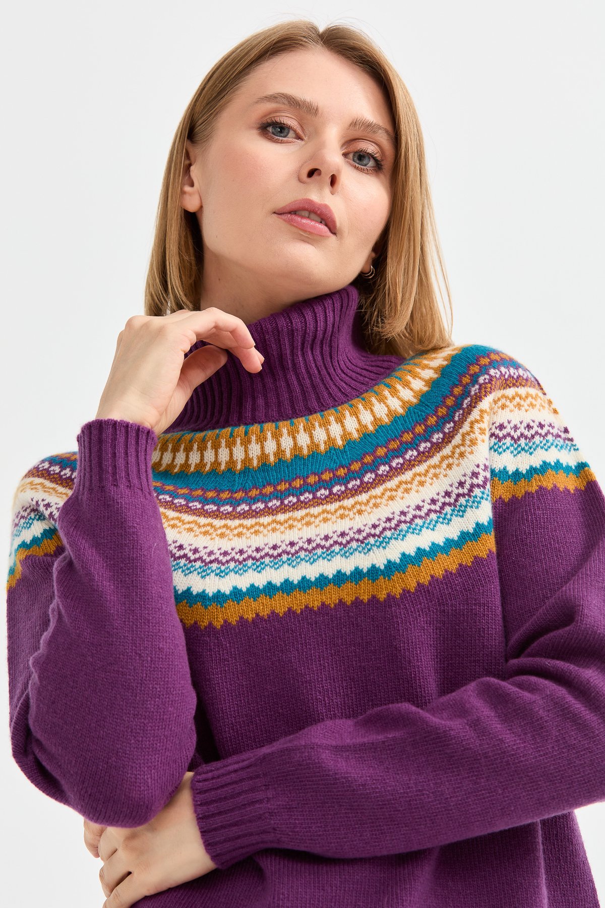 22087Kadın Tam Balıkçı Yaka Yün Kazak A.Mor