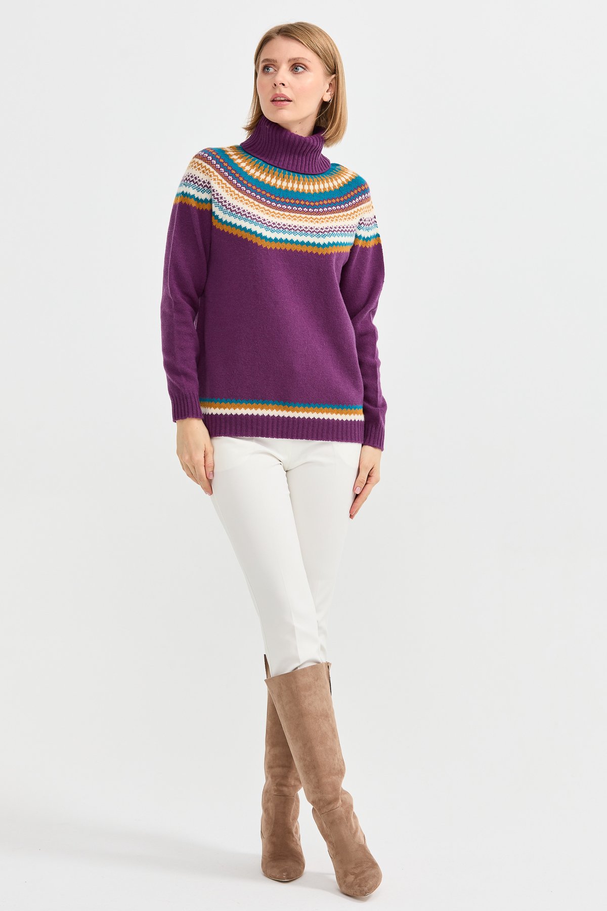 22087Kadın Tam Balıkçı Yaka Yün Kazak A.Mor