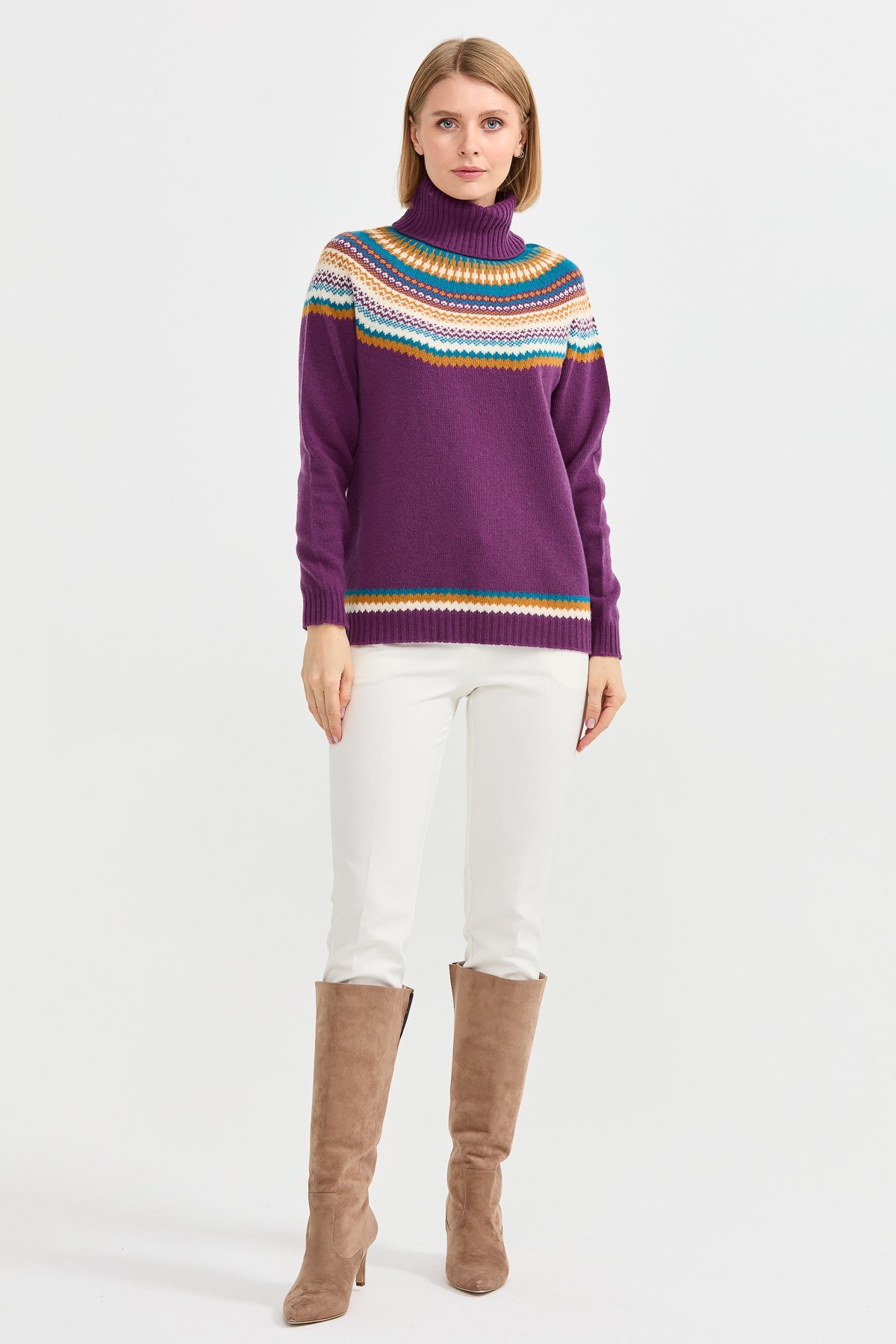 22087Kadın Tam Balıkçı Yaka Yün Kazak A.Mor