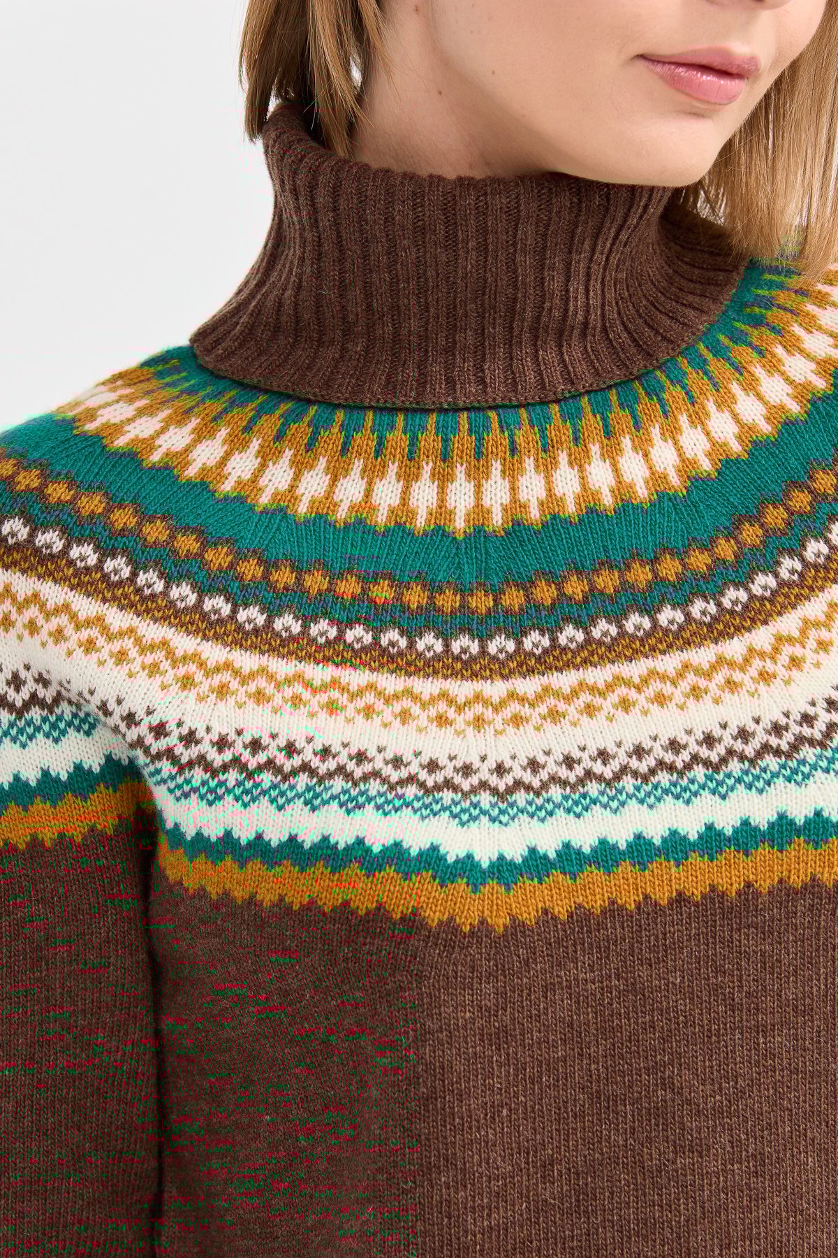 22087Kadın Tam Balıkçı Yaka Yün Kazak D.Kahve