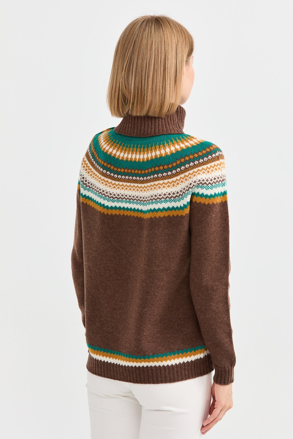 22087Kadın Tam Balıkçı Yaka Yün Kazak D.Kahve