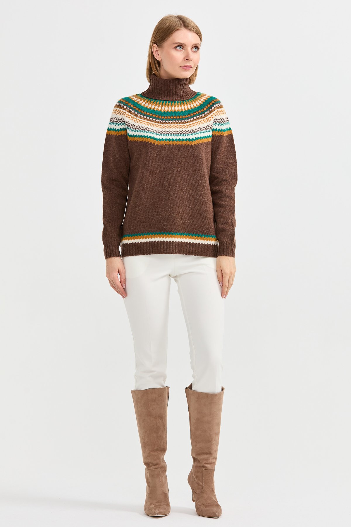 22087Kadın Tam Balıkçı Yaka Yün Kazak D.Kahve