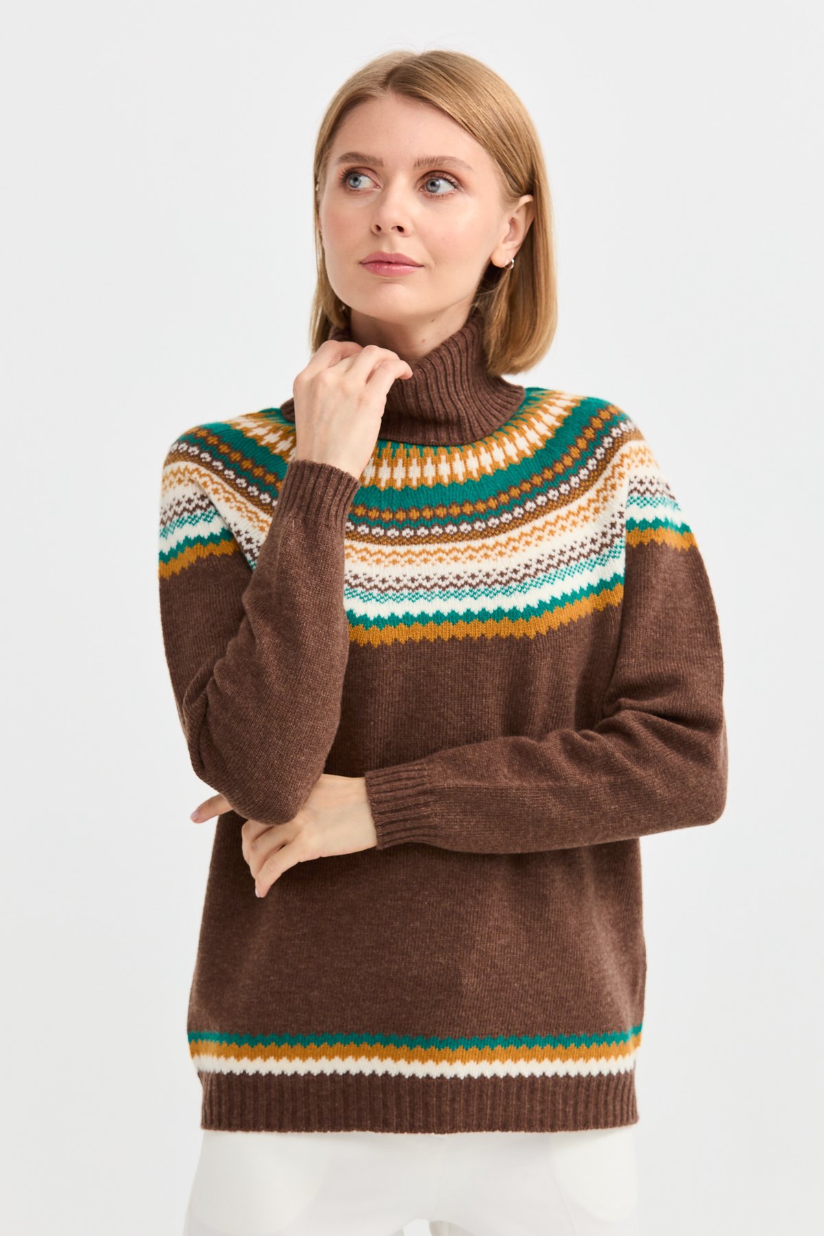 22087Kadın Tam Balıkçı Yaka Yün Kazak D.Kahve