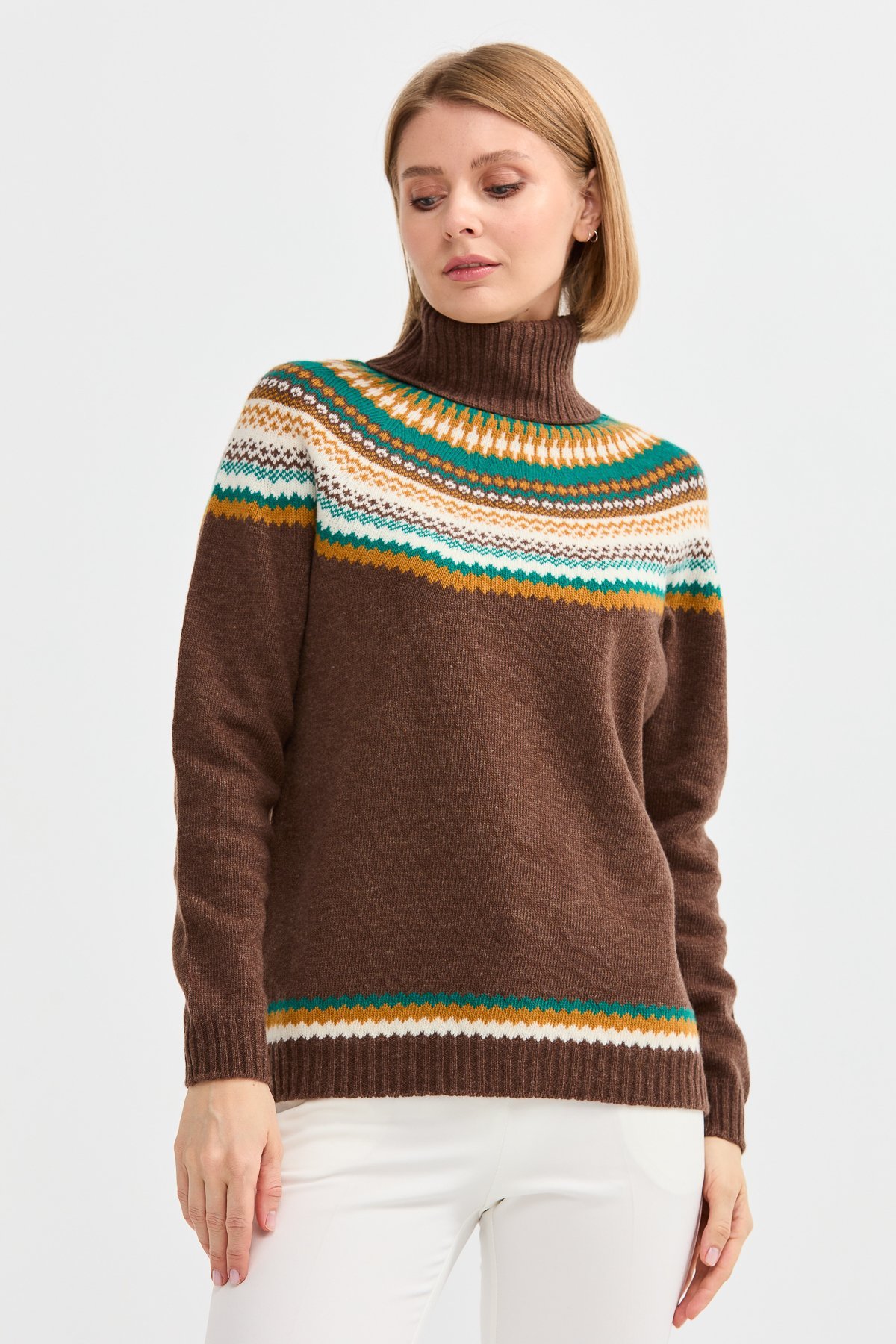 22087Kadın Tam Balıkçı Yaka Yün Kazak D.Kahve