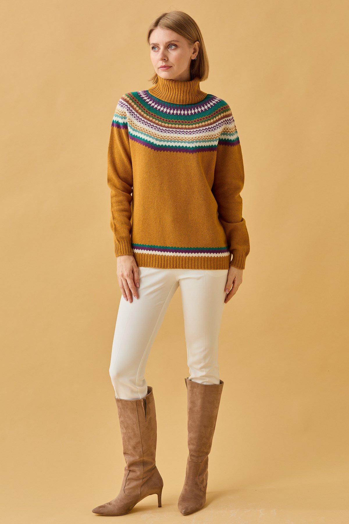 22087Kadın Tam Balıkçı Yaka Yün Kazak Hardal