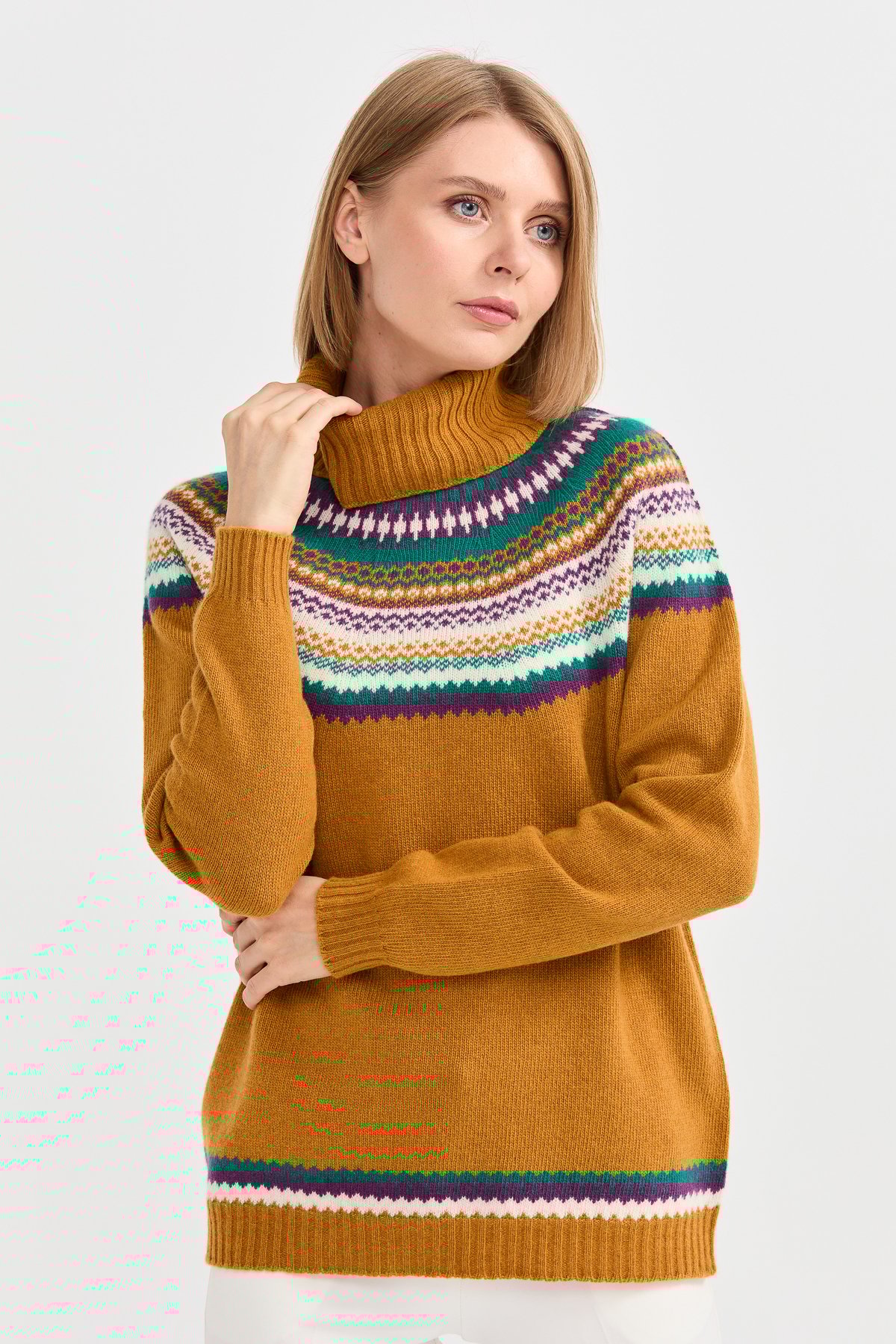 22087Kadın Tam Balıkçı Yaka Yün Kazak Hardal