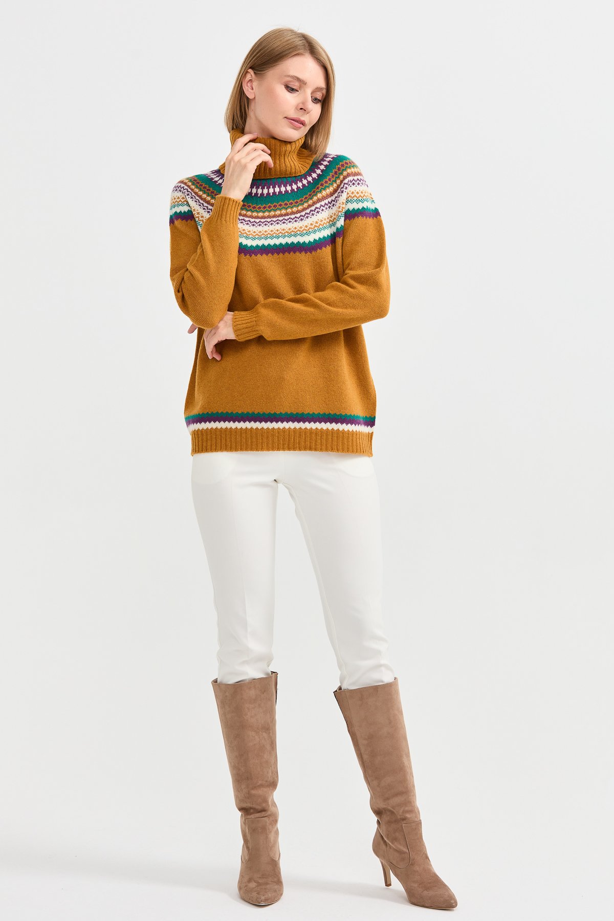 22087Kadın Tam Balıkçı Yaka Yün Kazak Hardal