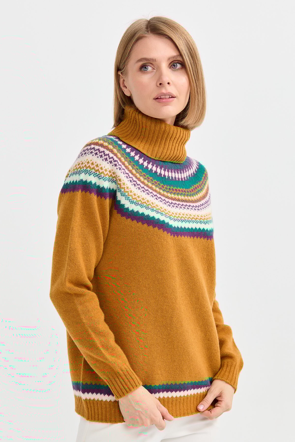 22087Kadın Tam Balıkçı Yaka Yün Kazak Hardal