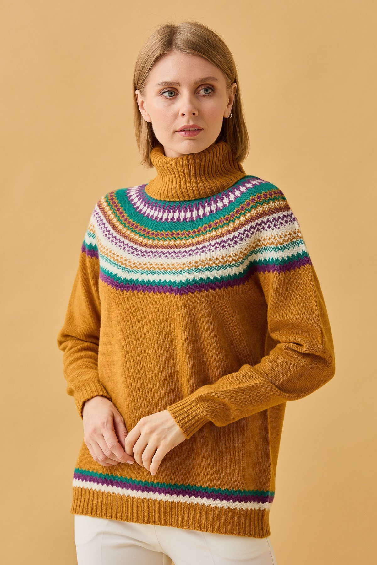 22087Kadın Tam Balıkçı Yaka Yün Kazak Hardal