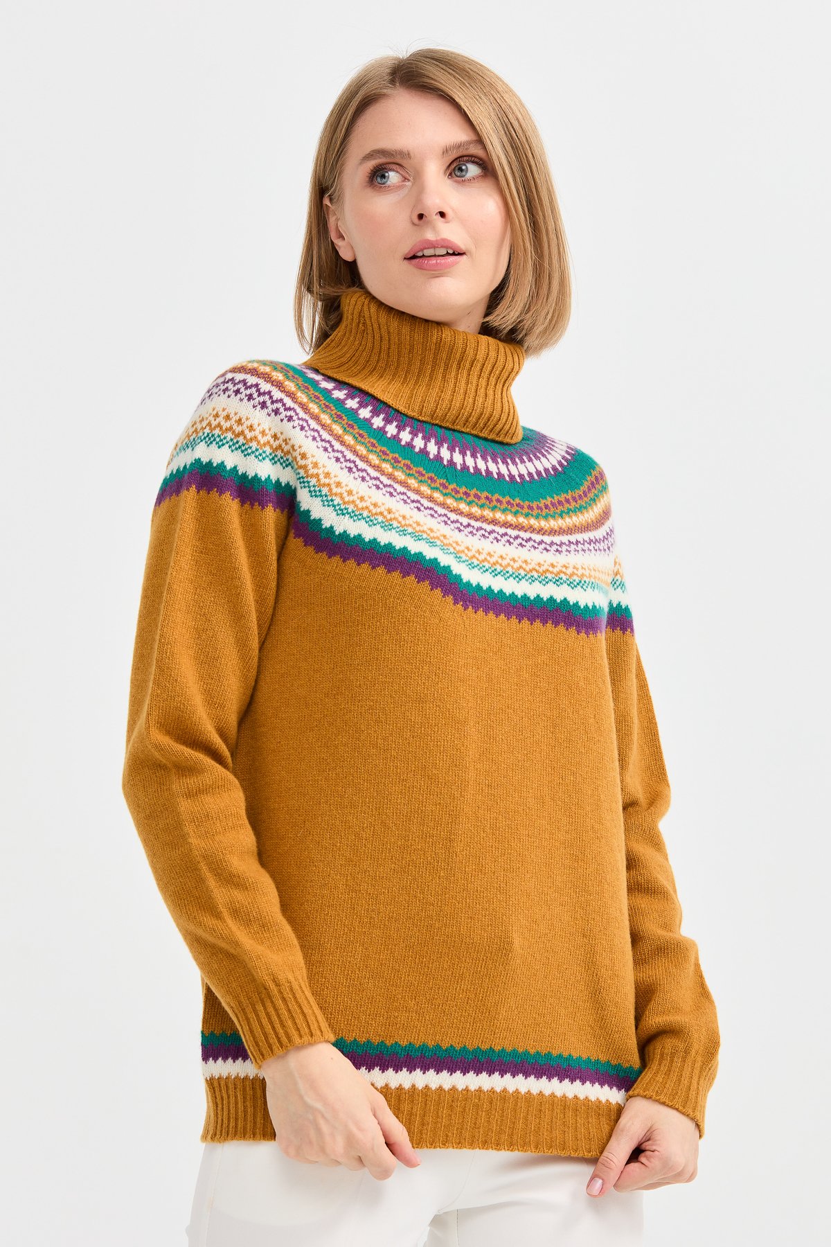 22087Kadın Tam Balıkçı Yaka Yün Kazak Hardal