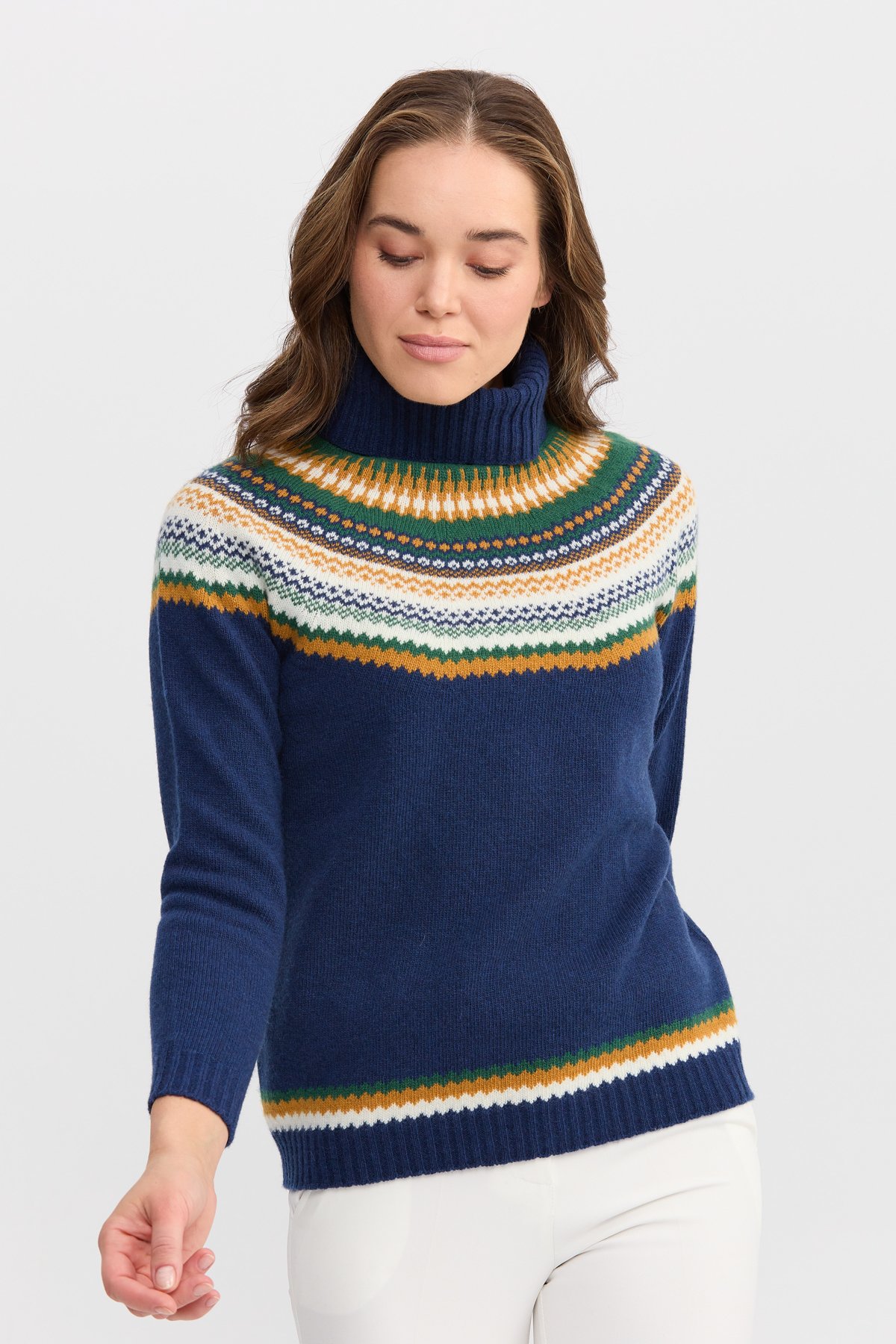 22087Kadın Tam Balıkçı Yaka Yün Kazak İndigo