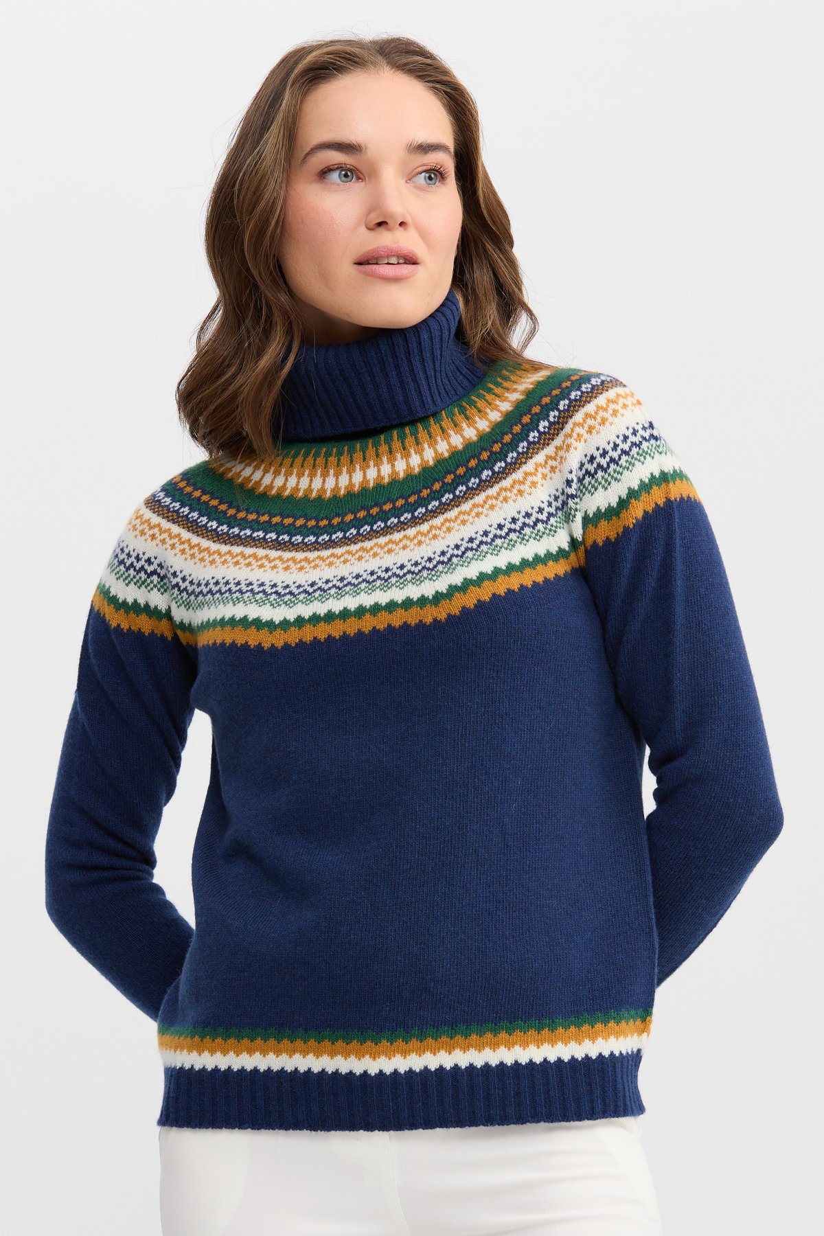 22087Kadın Tam Balıkçı Yaka Yün Kazak İndigo