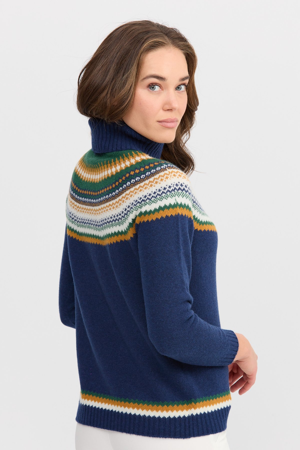 22087Kadın Tam Balıkçı Yaka Yün Kazak İndigo