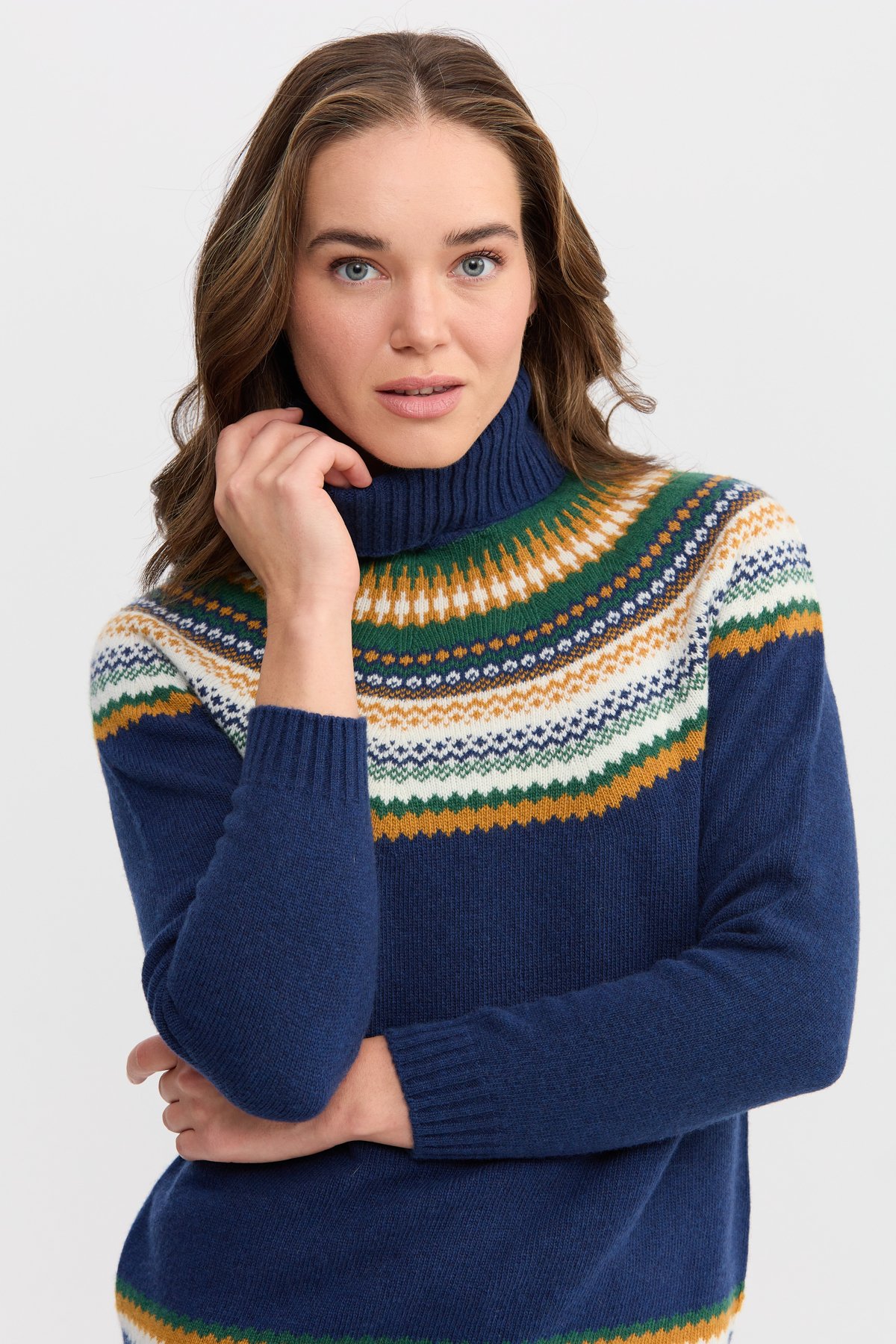 22087Kadın Tam Balıkçı Yaka Yün Kazak İndigo