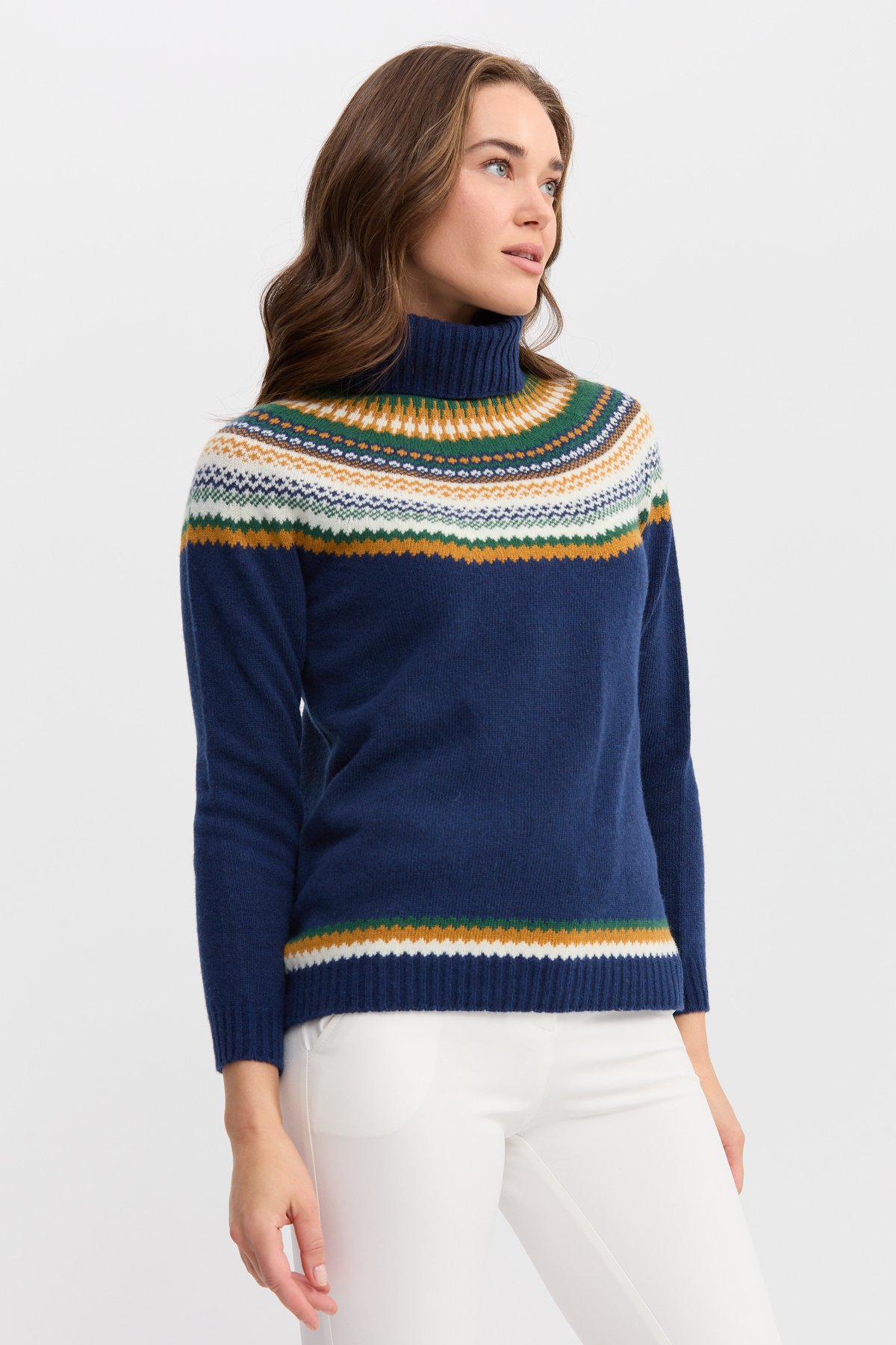 22087Kadın Tam Balıkçı Yaka Yün Kazak İndigo