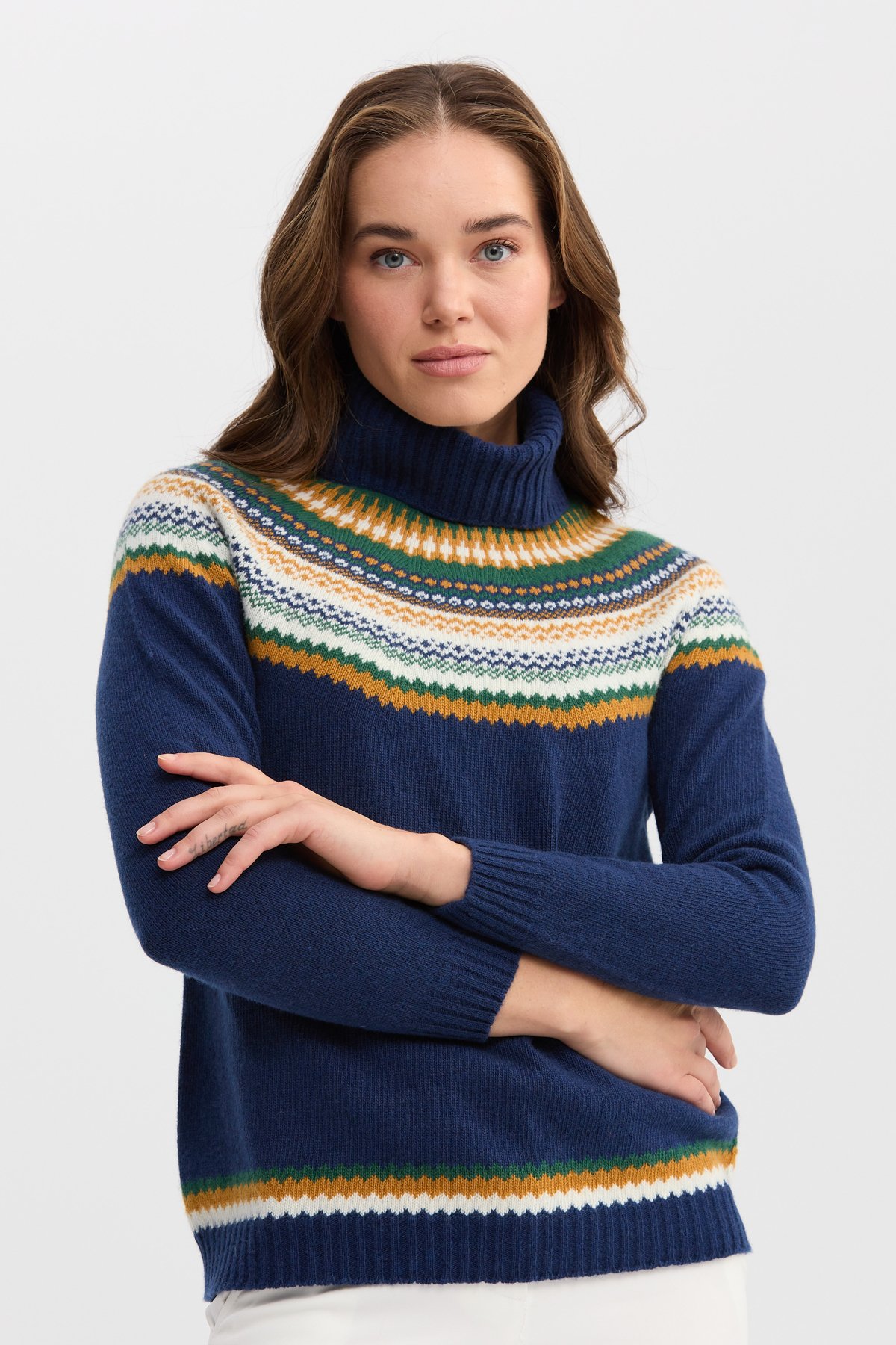 22087Kadın Tam Balıkçı Yaka Yün Kazak İndigo