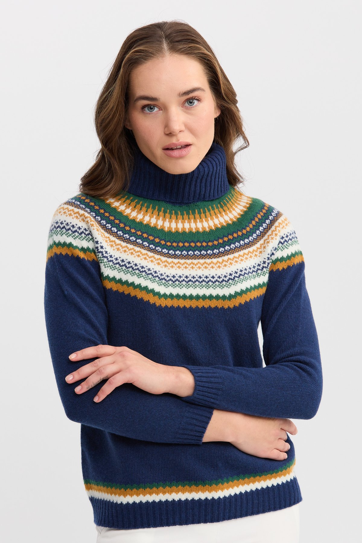 22087Kadın Tam Balıkçı Yaka Yün Kazak İndigo