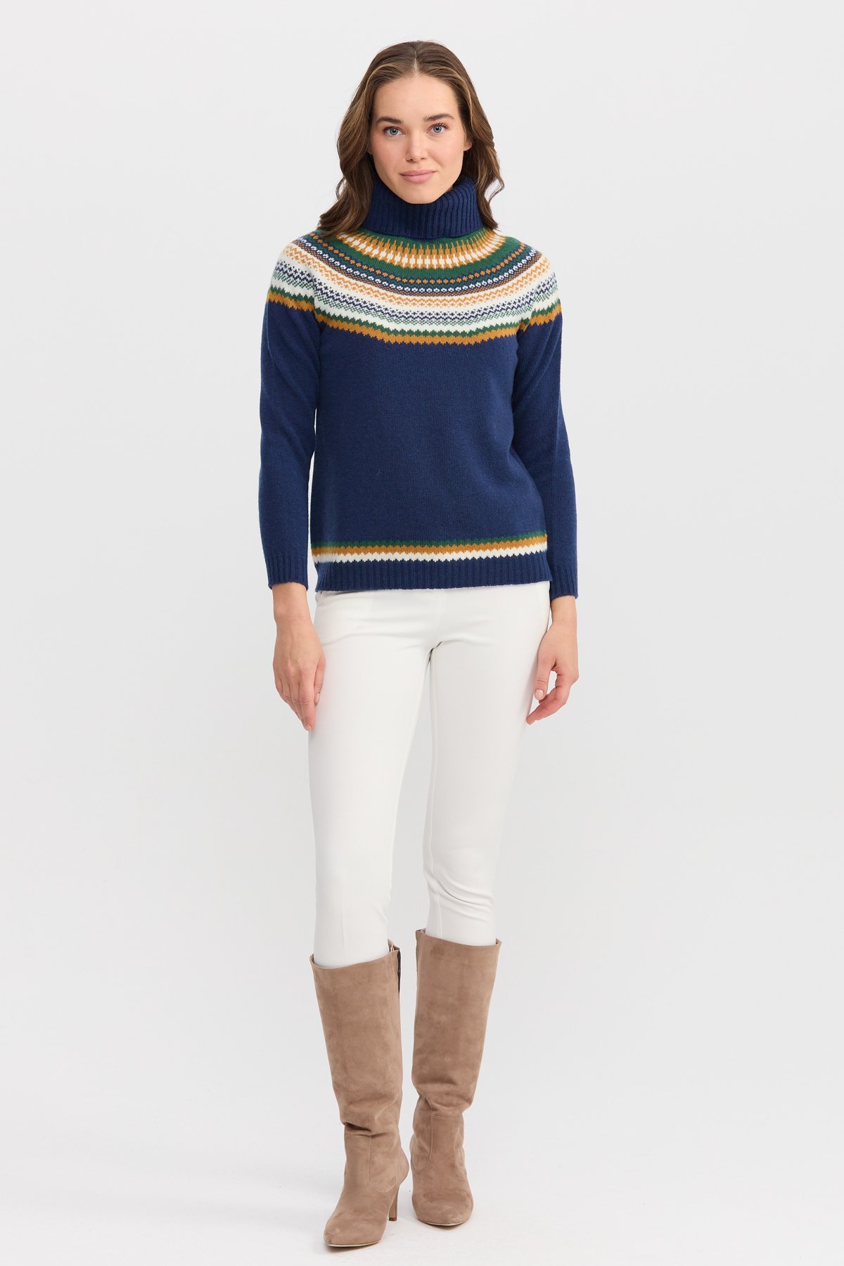 22087Kadın Tam Balıkçı Yaka Yün Kazak İndigo