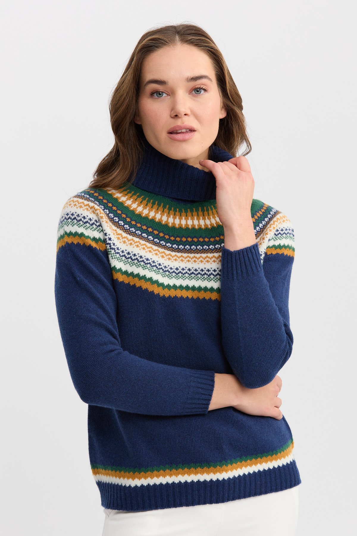 22087Kadın Tam Balıkçı Yaka Yün Kazak İndigo