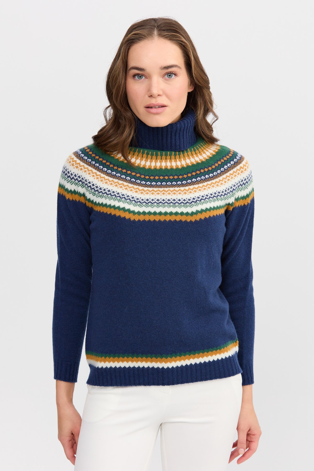 22087Kadın Tam Balıkçı Yaka Yün Kazak İndigo