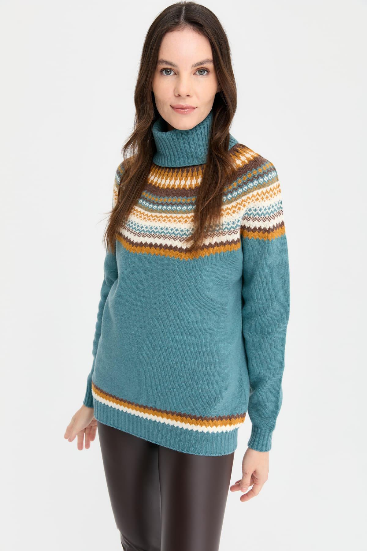 22087Kadın Tam Balıkçı Yaka Yün Kazak M.Yeşili