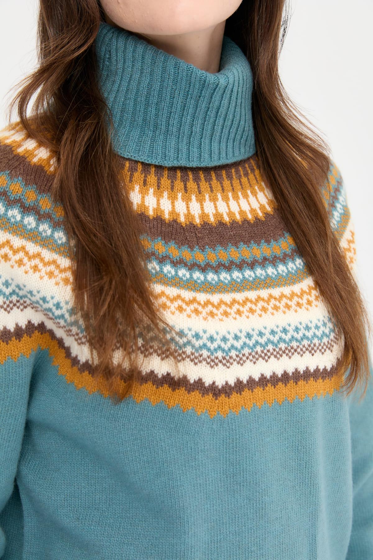 22087Kadın Tam Balıkçı Yaka Yün Kazak M.Yeşili